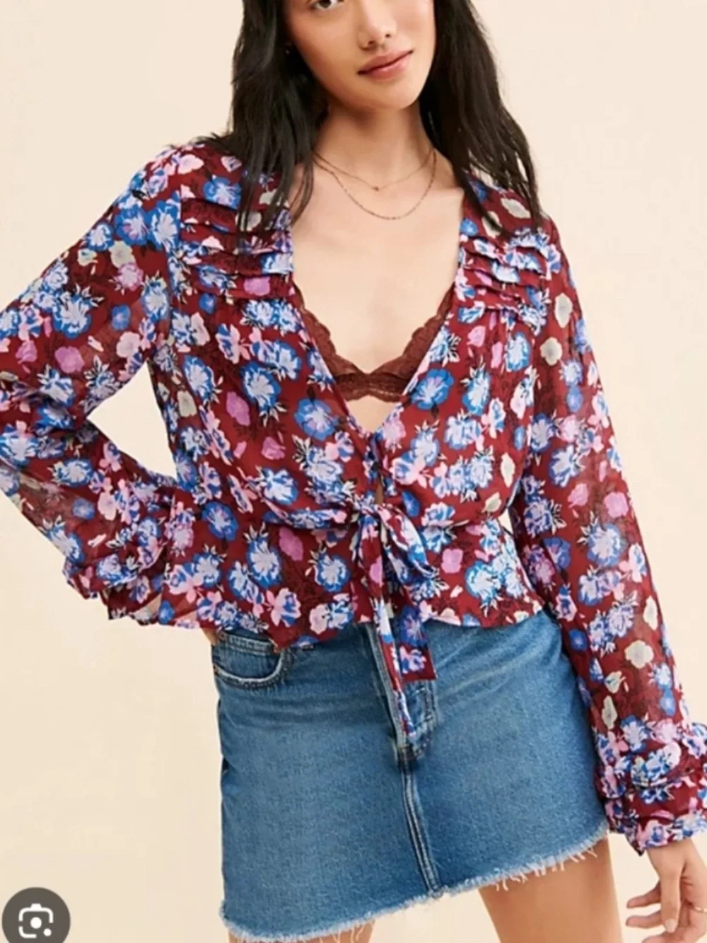 Free People Maybel Floral Tie Front Blouse